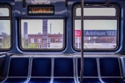 blue and white bus door