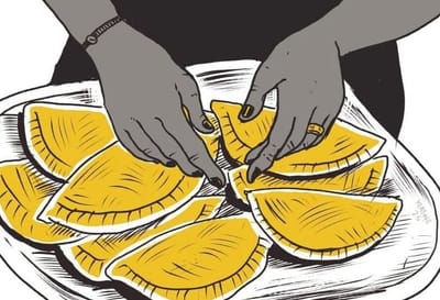illustration of a woman's hands arranging empanadas on a plate.