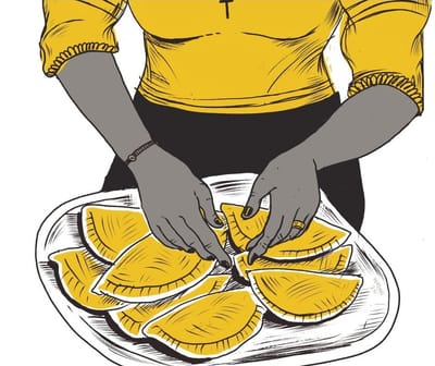 illustration of a woman's hands arranging empanadas on a plate.