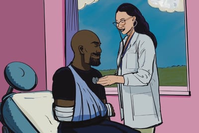 Doctor cares for a man who has his arm in a sli